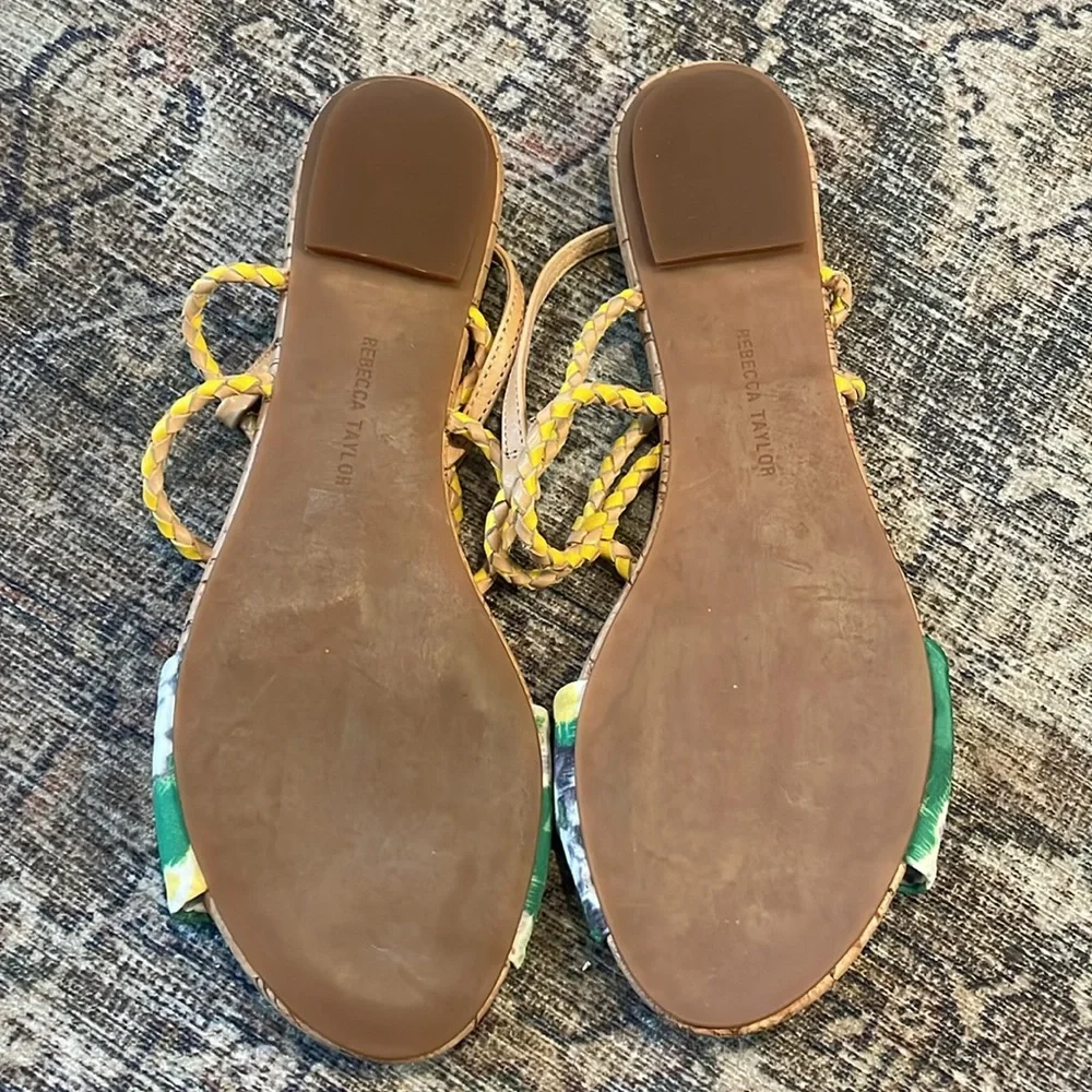 Rebecca Taylor Yellow Braided Leather Floral Cork Sandals Women's Size 6.5/7